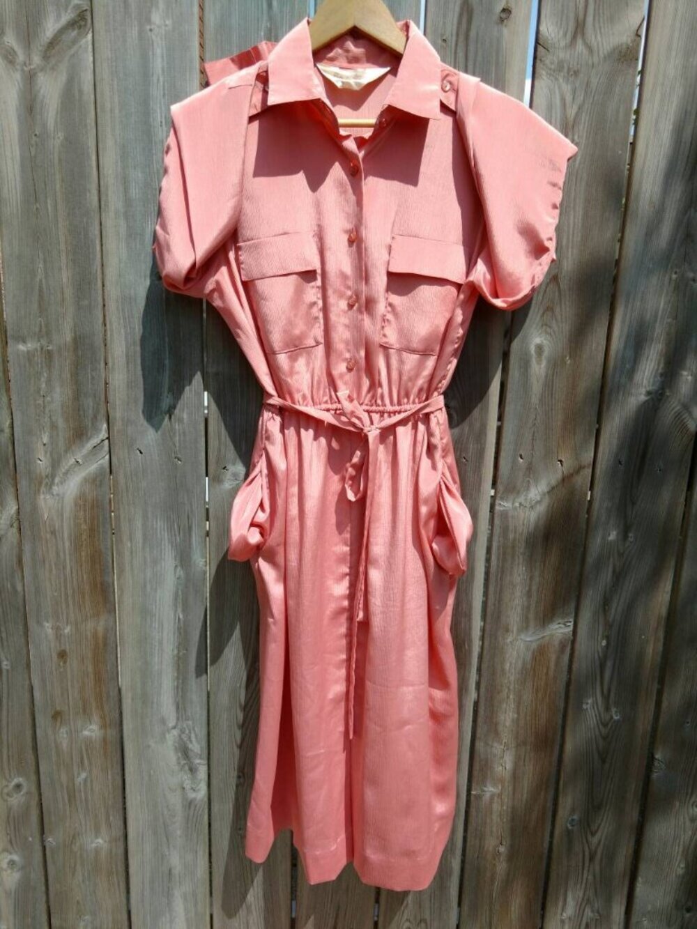 Vintage Pink Silky Dress 38" Bust Secretary Collar Pockets Long Sleeves - Picture 9 of 10